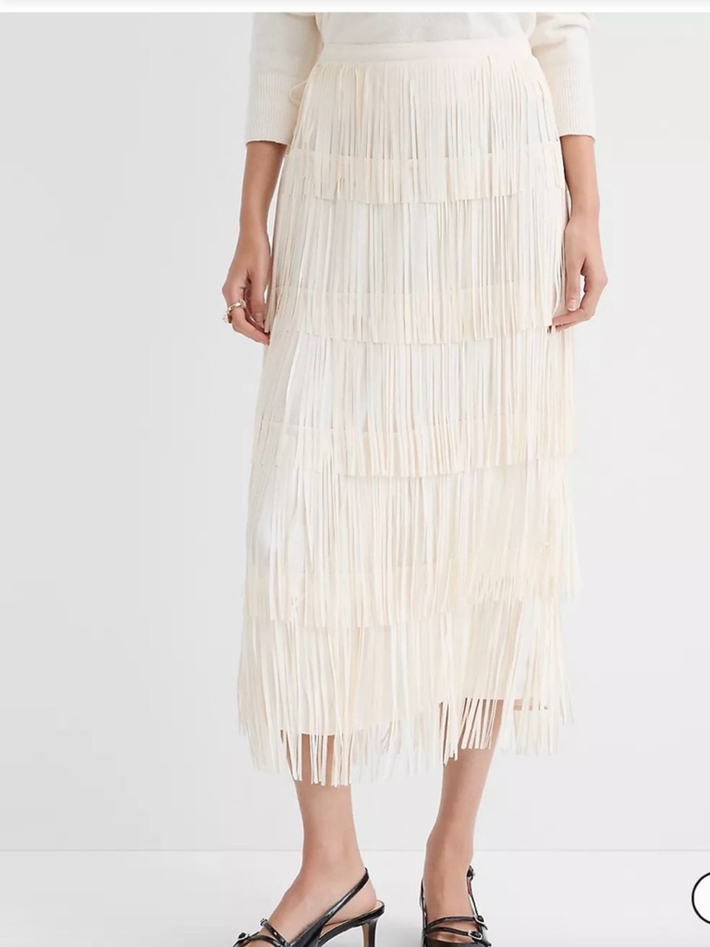 LOFT Off White Fringe Midi Skirt - Layered Tassel Design Size 4
